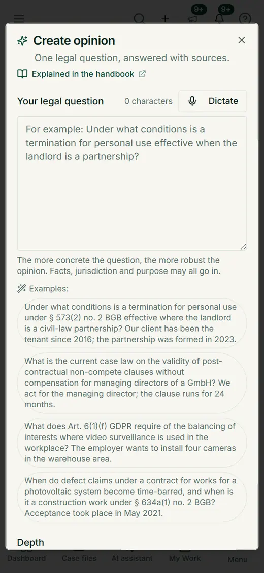 Type or dictate the legal question and tap sample questions: an opinion can be commissioned from the smartphone as well.
