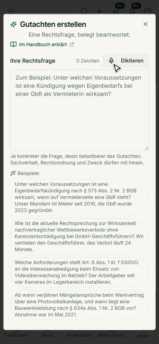 Rechtsfrage tippen oder diktieren und Beispielfragen antippen: ein Gutachten lässt sich auch vom Smartphone aus beauftragen.