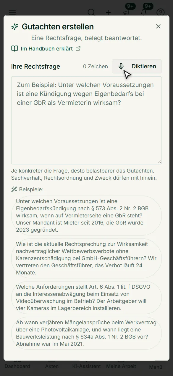 Rechtsfrage tippen oder diktieren und Beispielfragen antippen: ein Gutachten lässt sich auch vom Smartphone aus beauftragen.