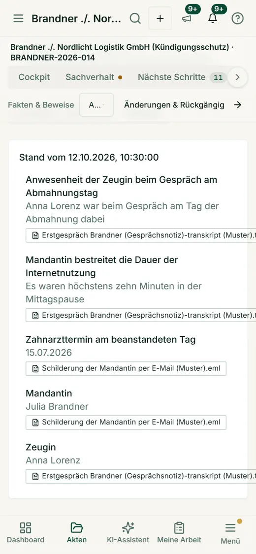 Der Stichtag im Aktenverlauf auf dem Smartphone: ein früherer Aktenstand mit den damals bekannten Fakten und ihren Belegdokumenten.