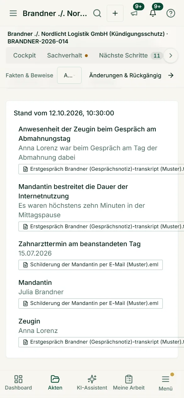 Der Stichtag im Aktenverlauf auf dem Smartphone: ein früherer Aktenstand mit den damals bekannten Fakten und ihren Belegdokumenten.
