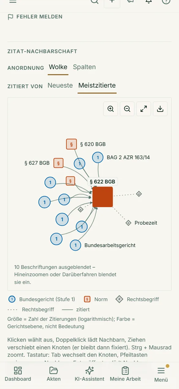 Das Zitiernetz zu einer Norm passt auf das Handy: Zoomen mit zwei Fingern, Tippen auf eine Entscheidung zeigt ihre Karte – so verfolgen Sie Zitatketten auch unterwegs.