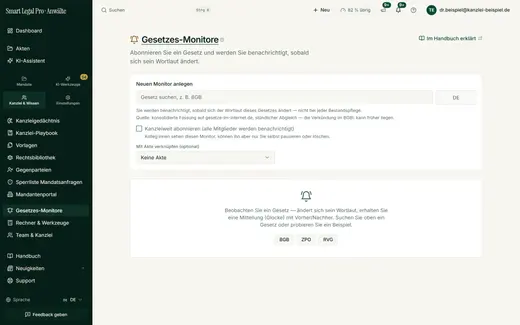 Abonnieren Sie ein Gesetz und erhalten Sie eine Mitteilung, sobald sich sein Wortlaut ändert – kanzleiweit oder nur für Sie, optional mit einer Akte verknüpft.