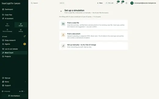 The “Set up simulation” page offers three ways: from a case, from a document or manually without AI and free of charge.