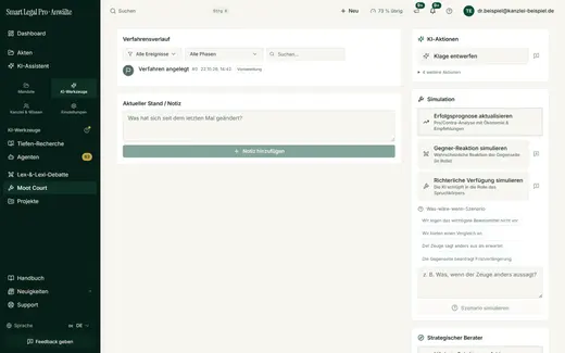 Rechts neben dem Verlauf stehen die Aktionen der Simulation: Erfolgsprognose, Gegner-Reaktion, richterliche Verfügung, Was-wäre-wenn-Szenarien, strategische Beratung, Probe-Verhandlung und Gegner-Argumente. Jede Aktion zeigt vor dem Start ihre Kosten.