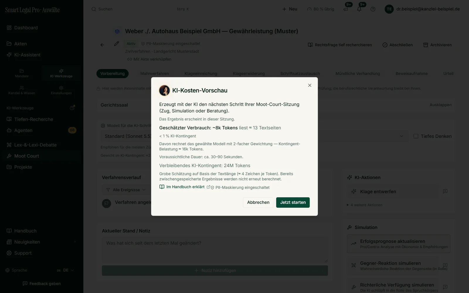 Vor jeder KI-Aktion der Simulation erscheint die Kosten-Vorschau mit geschätztem Verbrauch, Gewichtung des Modells, Dauer und verbleibendem Kontingent. Gestartet wird erst mit „Jetzt starten“.