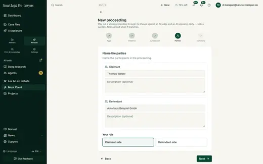 Name plaintiff and defendant, optionally describe them and decide which side you are on – the AI then plays court and opposing side. Manual setup is free; AI prefilling from a case costs only a small part of the quota.