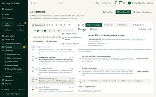 Unerwünschte Absender sperren Sie mit einem Klick – still im Papierkorb, ohne Ablehnung.