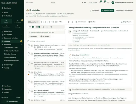 Neue Konten erhalten erfundene Beispiele – auch eine beA-Sendung –, nur zum Ansehen und jederzeit löschbar.