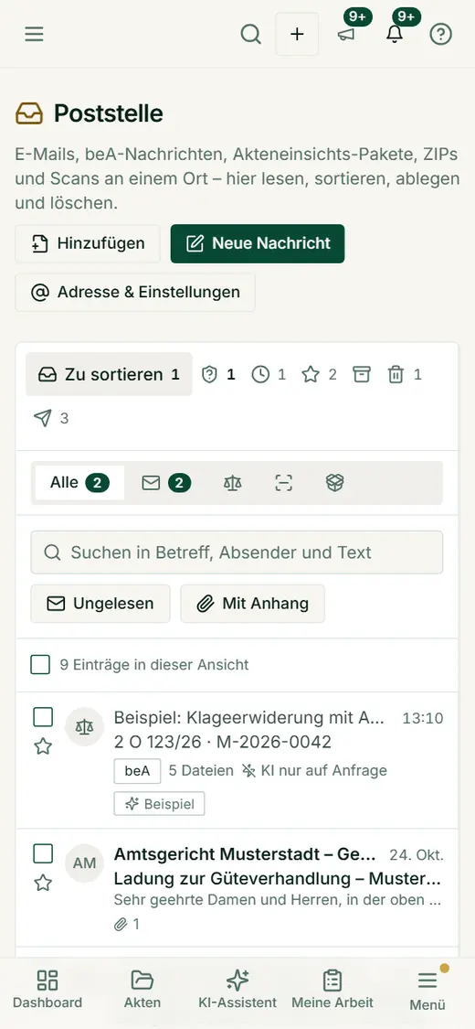 Auf kleinen Bildschirmen zeigt die Poststelle erst die Liste und beim Öffnen den Eingang im Vollbild.