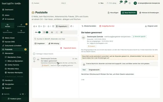 Aussortierte Mails tragen das Kennzeichen „Gesperrt“ und lassen sich zurückholen.