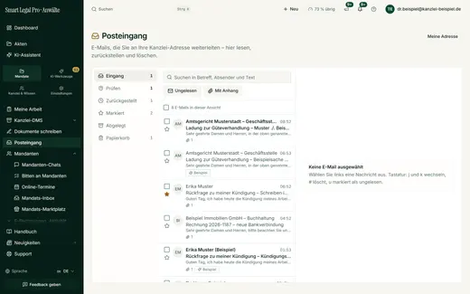 Posteingang: Ordner, Liste und Lesebereich auf einen Blick