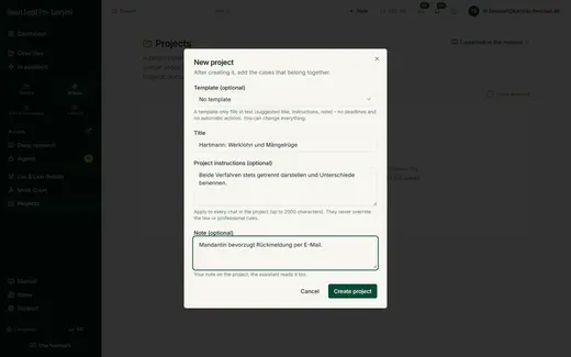 A project bundles related cases for a joint chat. Title, project instructions (apply to every chat in the project) and note can be set in advance; a template fills only texts, no deadlines and no automatic actions.