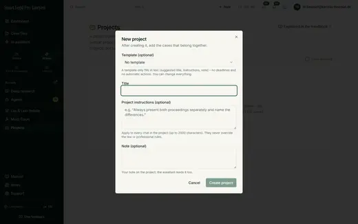 A project bundles related cases, such as several similar proceedings, with its own instructions and notes for the chat.
