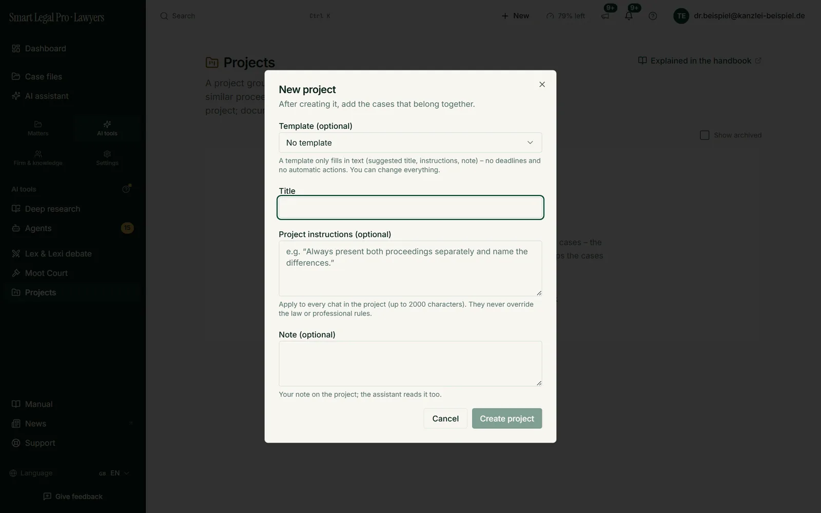A project bundles related cases, such as several similar proceedings, with its own instructions and notes for the chat.