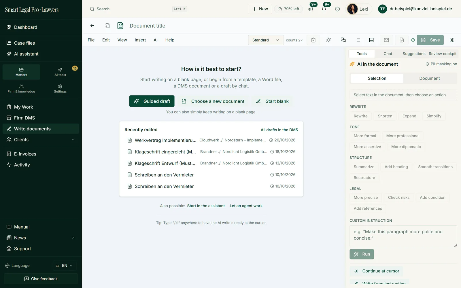 The editor asks at the start how you would like to begin and shows the recently edited documents with their case; the AI tools on the right.