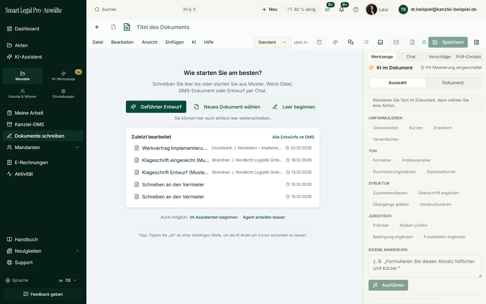 The editor asks at the start how you would like to begin and shows the recently edited documents with their case; the AI tools on the right.