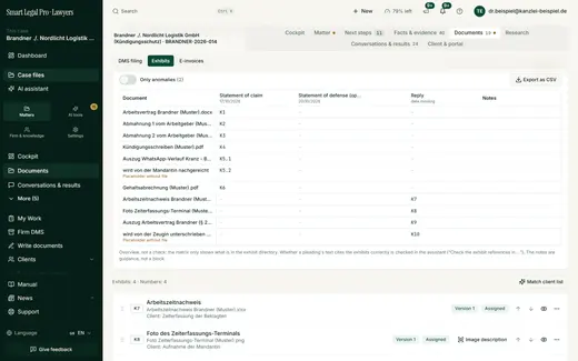 The matrix compares the case’s exhibits and pleadings: which exhibit is in which pleading, and where a file is still missing. This way you keep complaint, response and reply in view together.