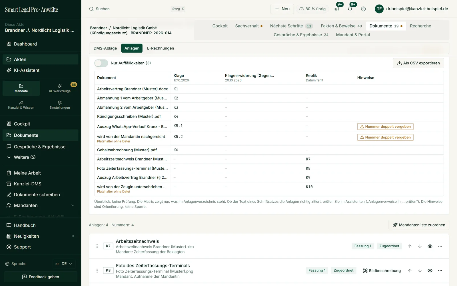 The matrix compares the case’s exhibits and pleadings: which exhibit is in which pleading, and where a file is still missing. This way you keep complaint, response and reply in view together.