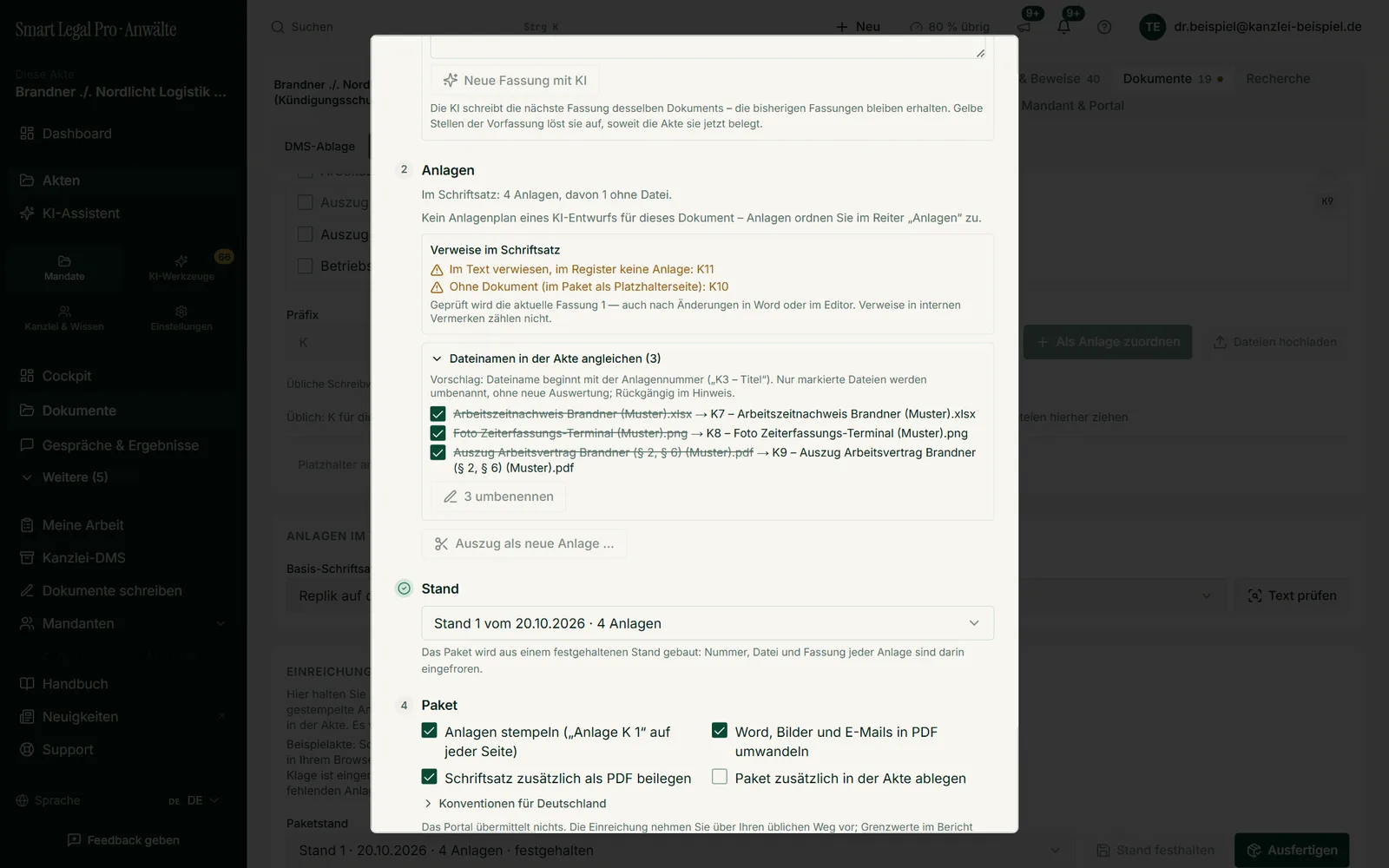 In the second step the dialog checks the references in the text against the exhibit register: which exhibit is cited but missing from the register, which has no file yet? Plus the suggestion to align file names with the exhibit numbers.