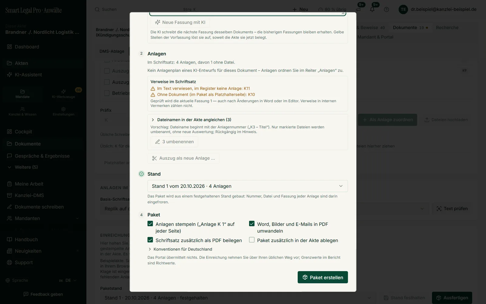 The package is built from a frozen exhibit state: stamped exhibits, Word and PDF of the pleading, internal folder and README – with the conventions of the legal system. You handle filing via your usual route.