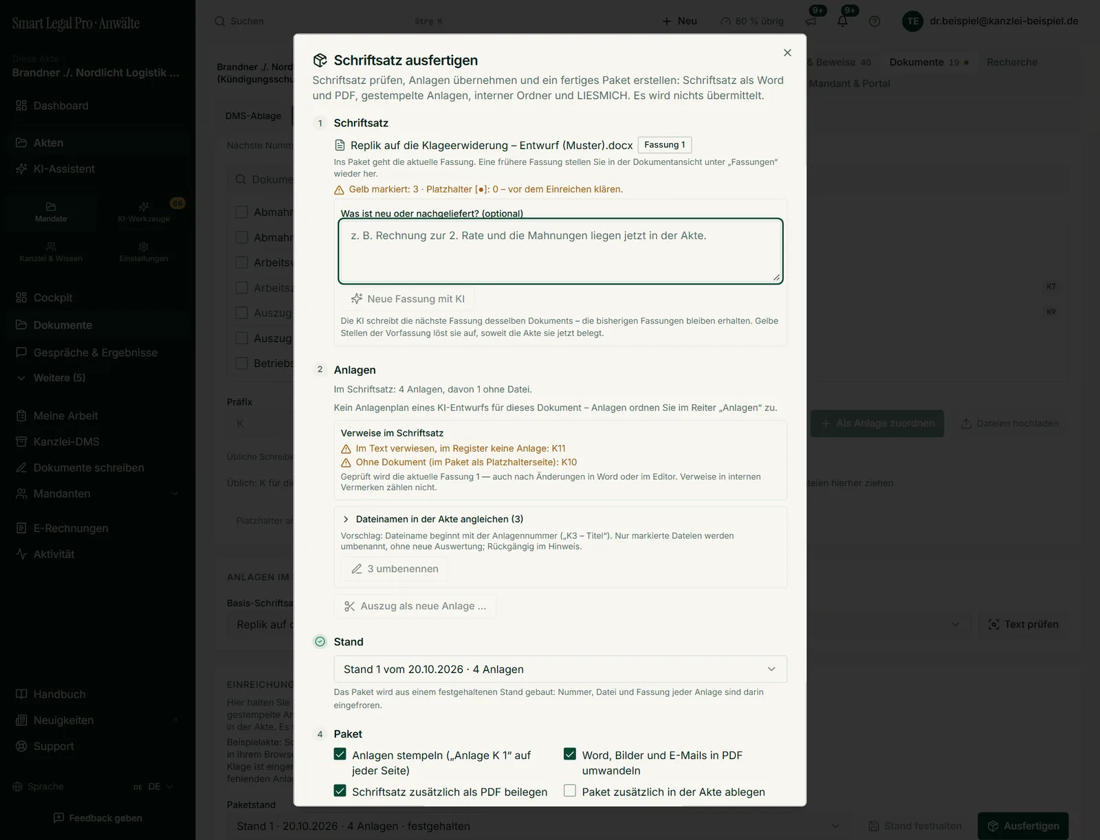 The “Finalize pleading” dialog leads from the finished draft to a package ready for filing: current version, number of yellow-marked passages and placeholders, and on request a new version with AI. Nothing is transmitted.