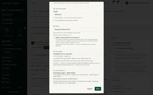 The standard model is preselected; a second opinion from the strongest model exists only if you tick the box, and it costs only if a disputed point is detected. Below, the cost preview with the remaining quota.