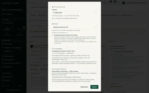 Das Standardmodell ist vorgewählt; eine Zweitmeinung durch das stärkste Modell gibt es nur, wenn Sie den Haken setzen, und sie kostet nur, falls ein strittiger Punkt erkannt wird. Darunter die Kostenvorschau mit verbleibendem Kontingent.