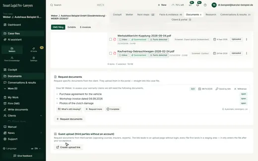 Each item shows its status; from the card you send by link, follow up, complete or withdraw.