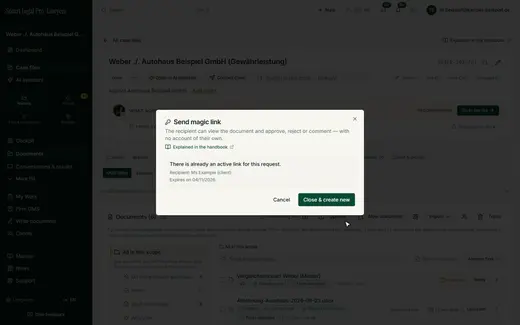 If a link already exists for a request, the dialog shows it with recipient and expiry date instead of creating a second one.