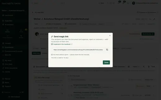 The finished link is ready to copy; a notice states the validity, and without an address you share it yourself.