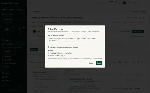 By right-click in the DMS: note, binding approval and the route "By link, without login".