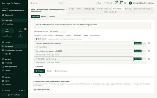 Message, optional deadline and individual items with notes; suggestions and AI wording are available only on click.