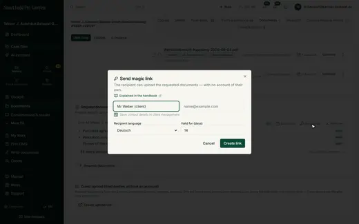 The request also goes out without the client portal: name the recipient, choose language and validity.