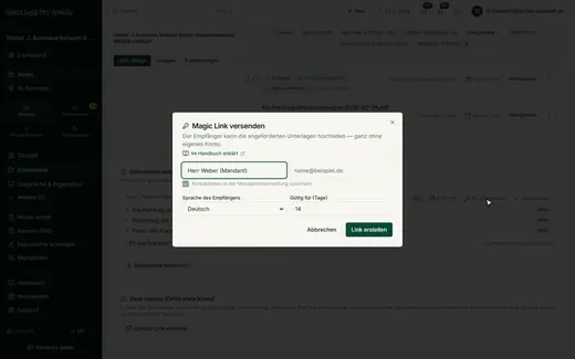 Auch die Anforderung geht ohne Mandantenportal raus: Empfänger benennen, Sprache und Gültigkeit wählen.