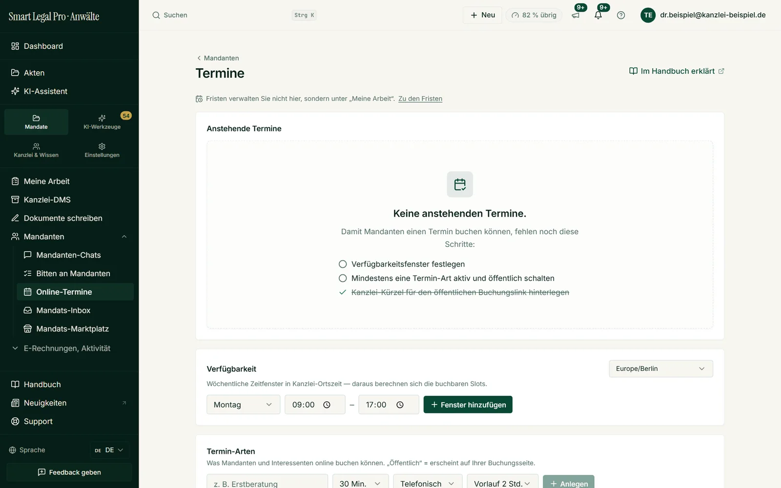 Die Seite Termine zeigt, was für die Online-Buchung noch fehlt, und legt Verfügbarkeitsfenster und Termin-Arten fest, die auf Ihrer Buchungsseite erscheinen.