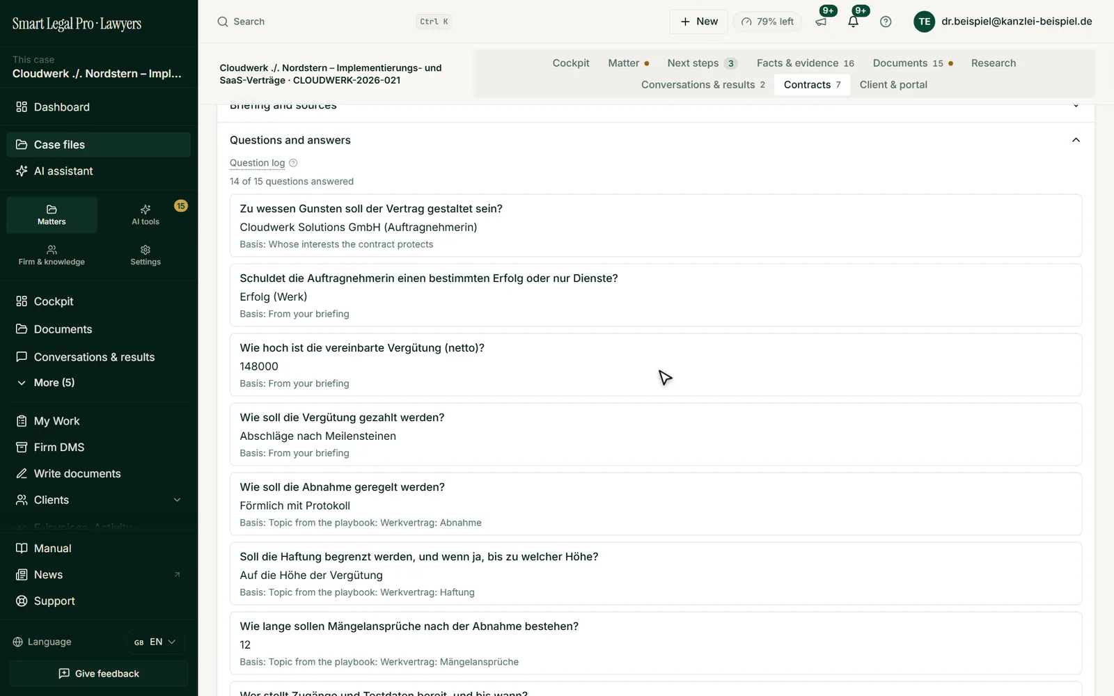 The question log records which questions the contract interview asked, which answer applies and what it is based on.