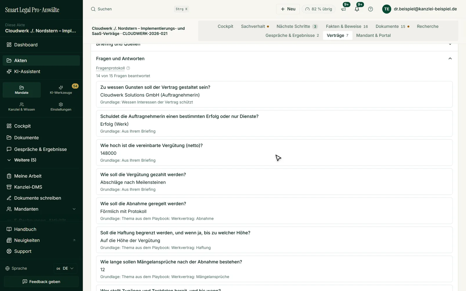 Das Fragenprotokoll hält fest, welche Fragen das Vertragsinterview gestellt hat, welche Antwort gilt und worauf sie beruht.
