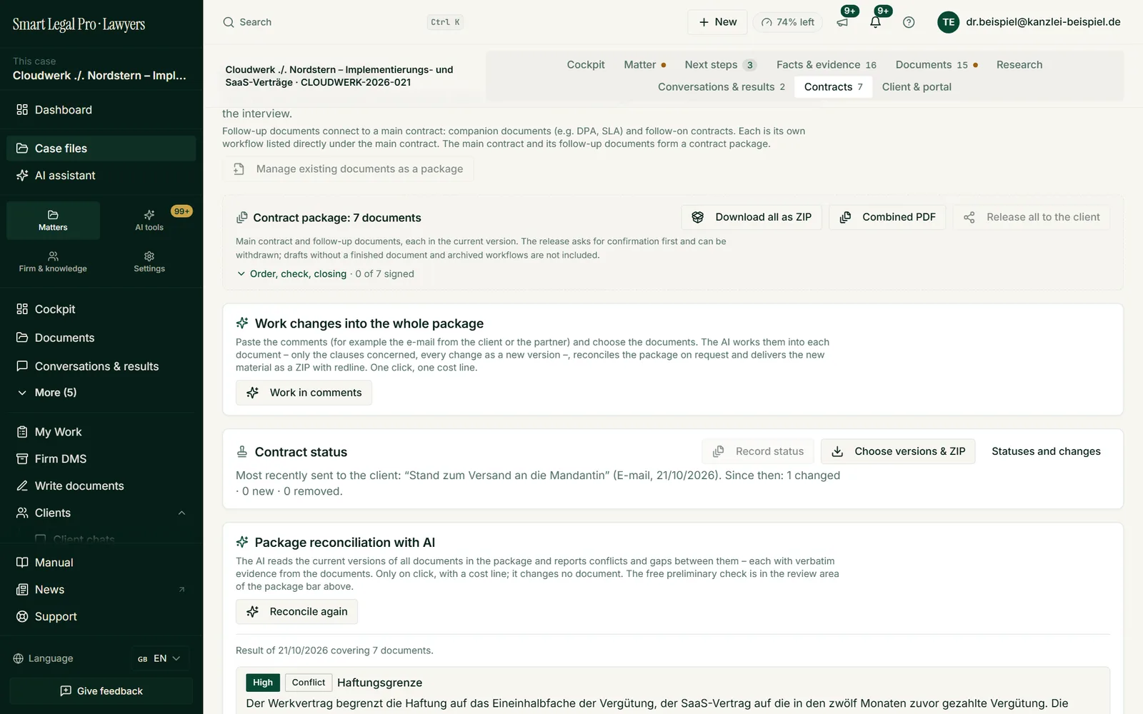 The “Contracts” tab of the sample case Cloudwerk / Nordstern: contract package with seven documents, contract status and AI comparison for contradictions.