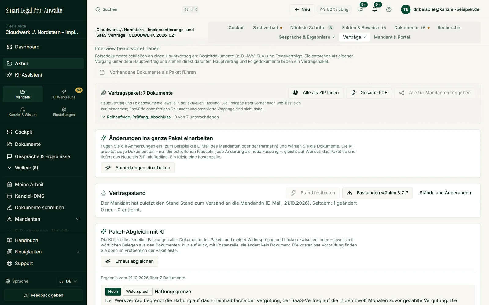 Der Reiter „Verträge“ der Beispielakte Cloudwerk ./. Nordstern: Vertragspaket mit sieben Dokumenten, Vertragsstand und KI-Abgleich auf Widersprüche.