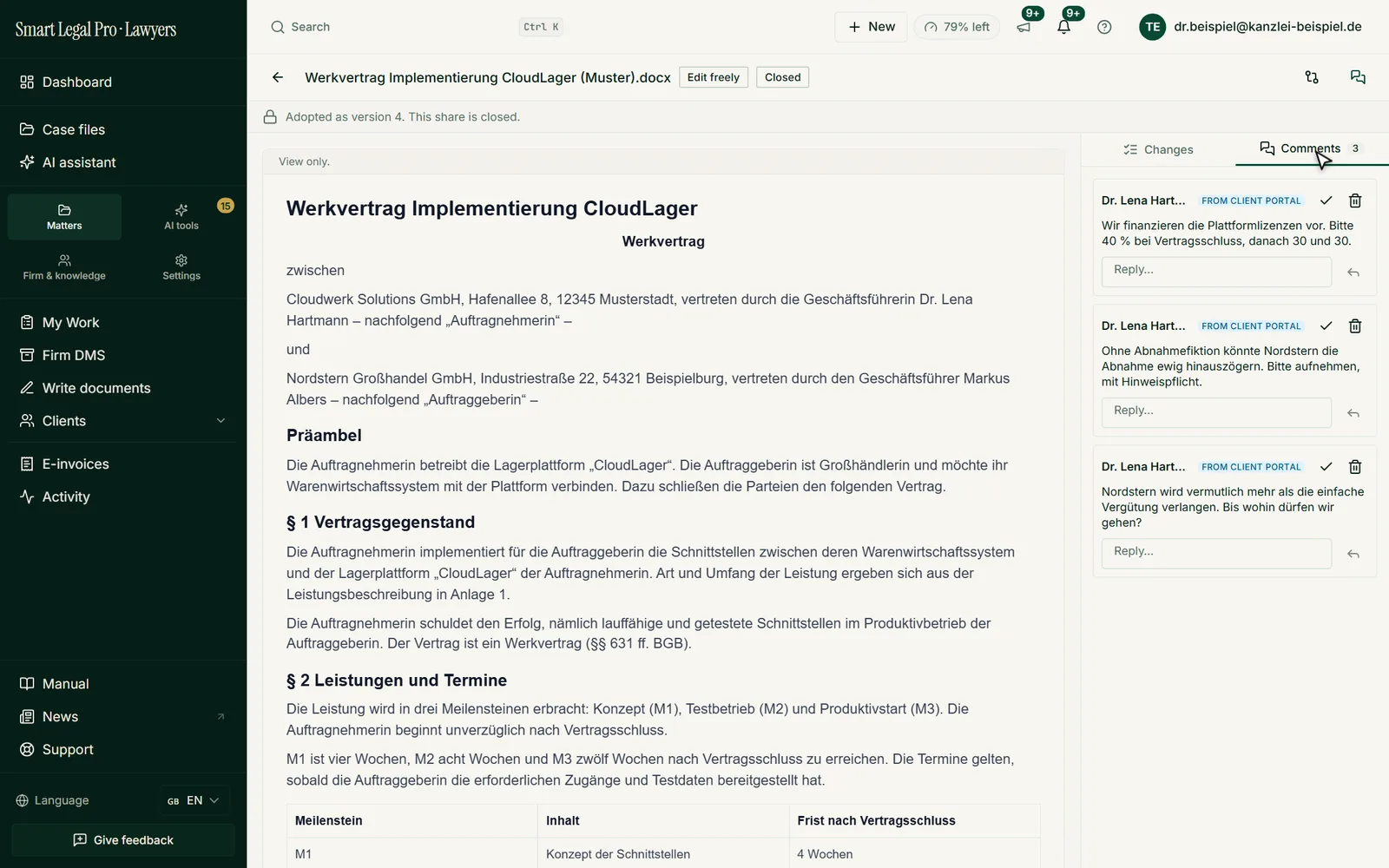 The closed release of a contract version in the firm view: on the right the client’s comments, marked “From client portal”.
