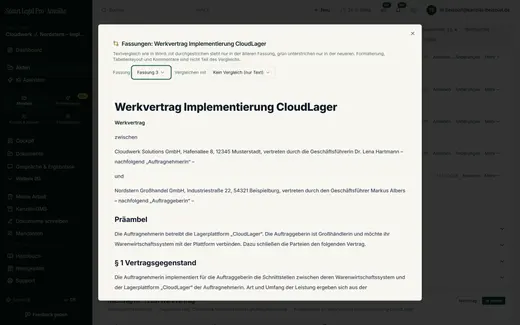 View shows an earlier version of the contract for work read-only with headings and paragraphs; in the same dialog it can be compared.