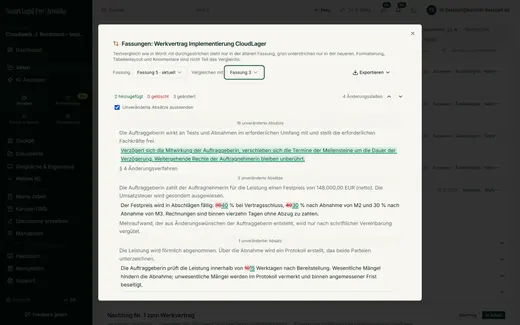 Two versions of the contract for work side by side: insertions underlined in green, deletions struck through in red, unchanged paragraphs hidden.