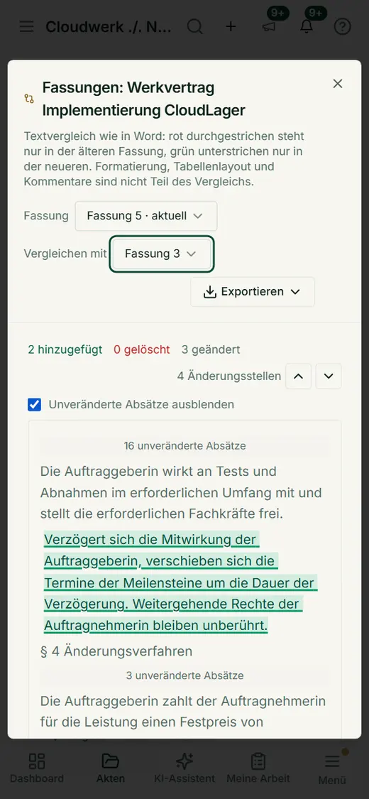 On a smartphone, too, you place two contract versions side by side as a redline: deletions in red, insertions in green.