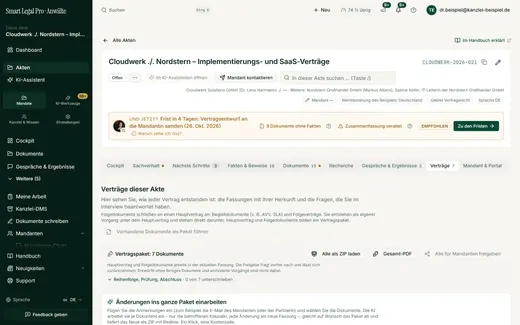 Hauptvertrag und Folgedokumente bilden ein Paket mit Reihenfolge, Unterschriftsstand, Gesamt-PDF und ZIP.
