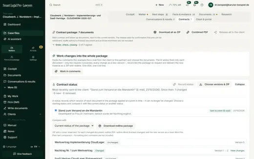 For each document, the status shows "Unchanged" or "Changed" with version numbers, plus the redline package with a cover sheet.