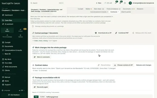 The contract status records which versions were last delivered and counts the changes since then.