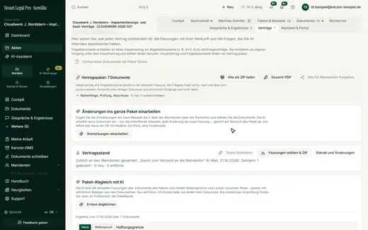Der Vertragsstand hält fest, welche Fassungen zuletzt zugegangen sind, und zählt die Änderungen seitdem.