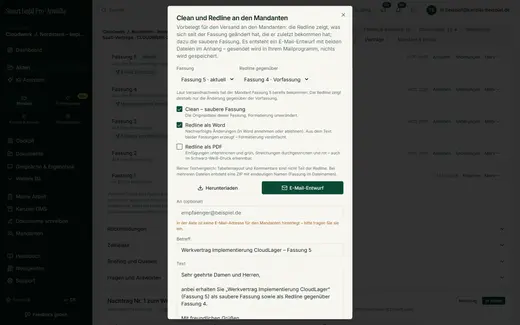 The dialog picks the redline based on the proof of dispatch, prepares clean version and redline and creates an e-mail draft with the files attached.