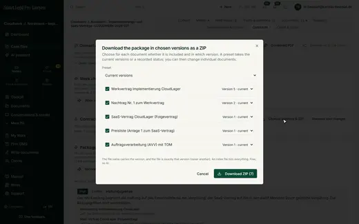 Choose a preset, tick each document and determine the version; the file name carries the version.